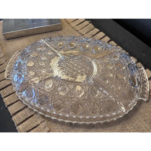 Vintage Lead Crystal Divided Serving Platter Tray Center Dipping Bowl 14 Inch - Picture 4 of 4